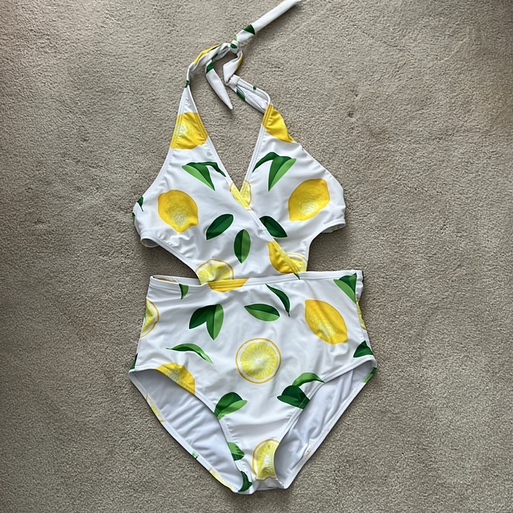 White with lemons one piece swim suit